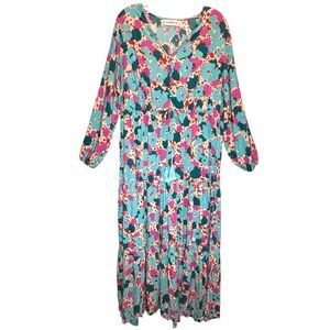 Almost Pink Teal and Pink Abstract Print Tiered Long Sleeve Maxi Dress - Medium